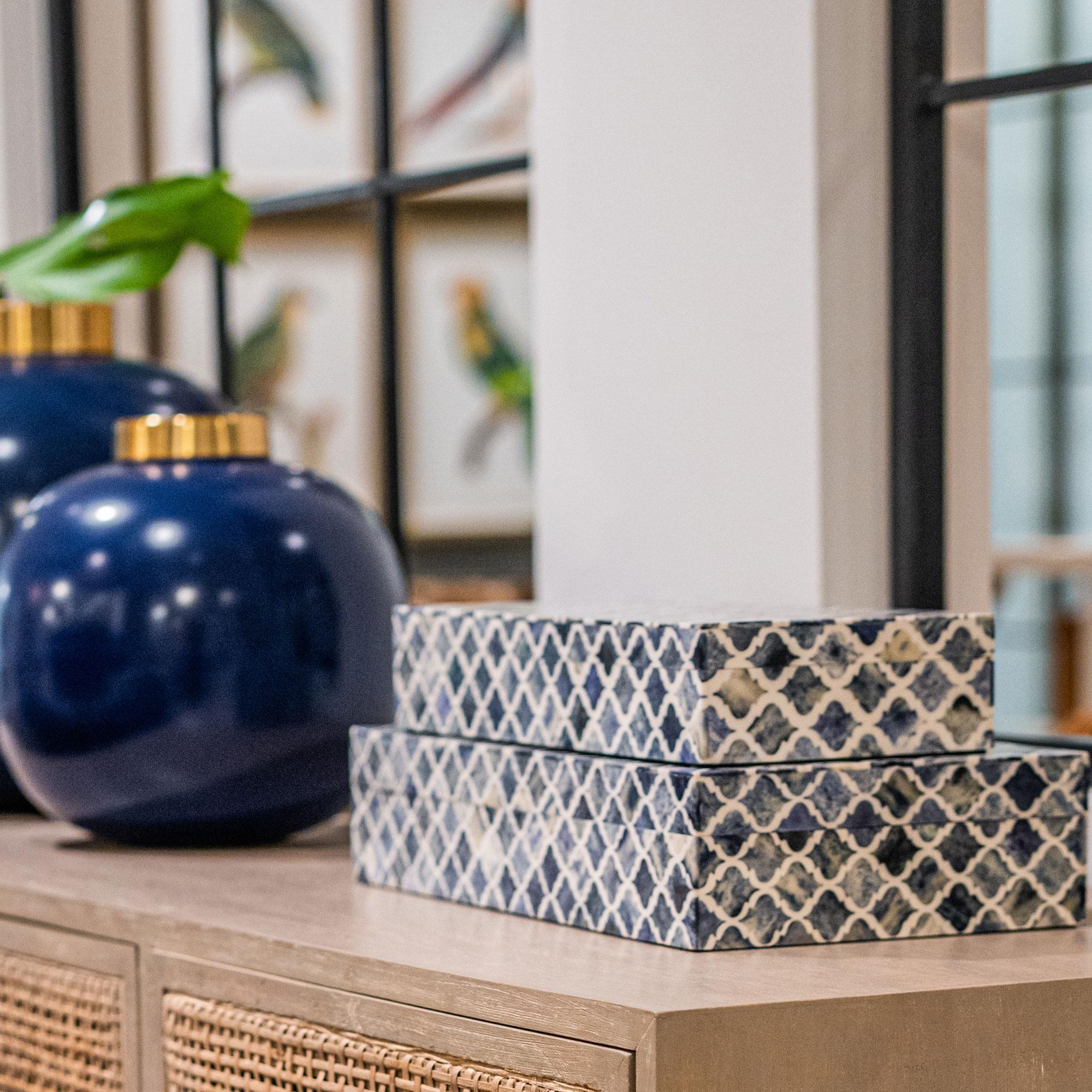 Rhea Wood and Bone Decorative Box, Blue (Set of 2)