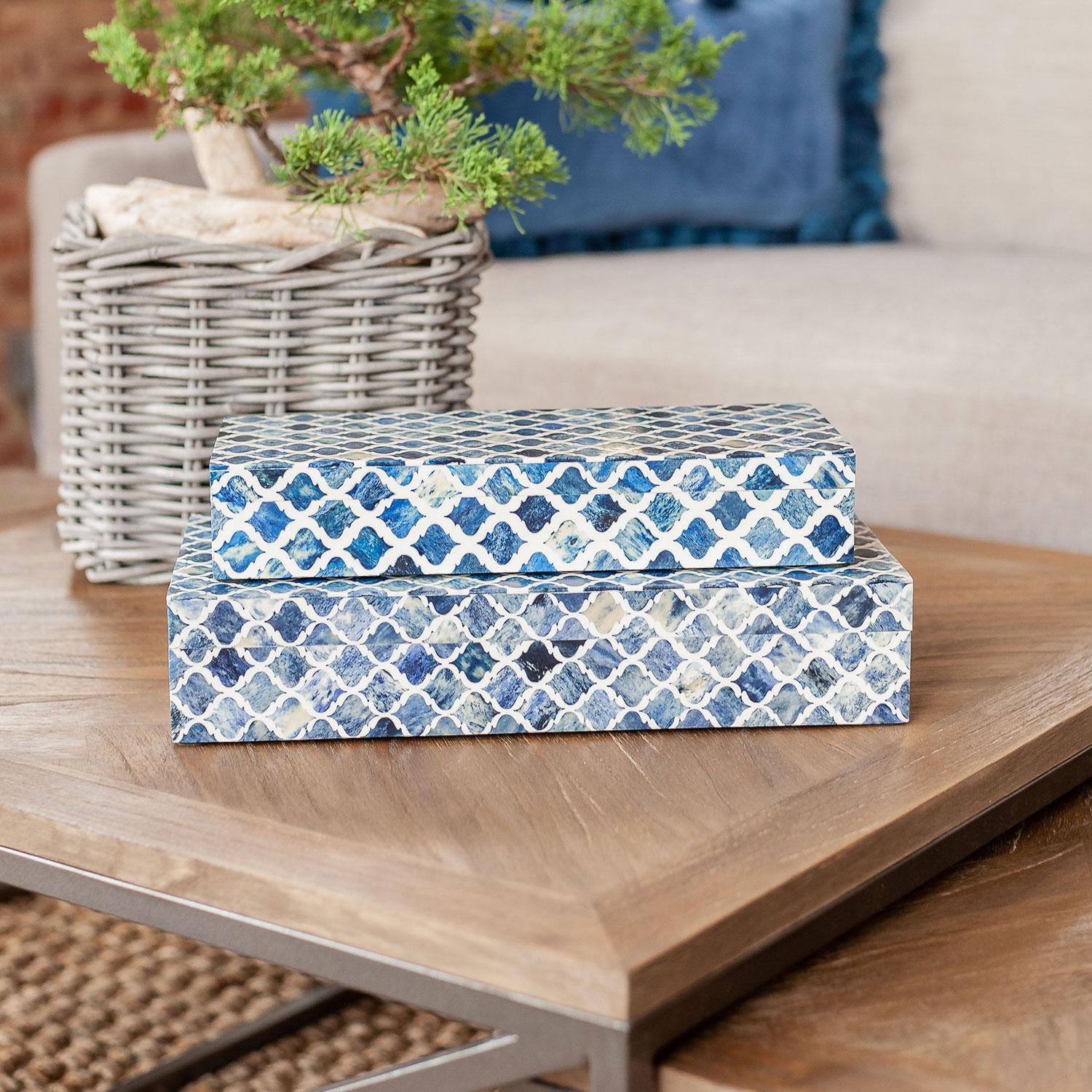 Rhea Wood and Bone Decorative Box, Blue (Set of 2)