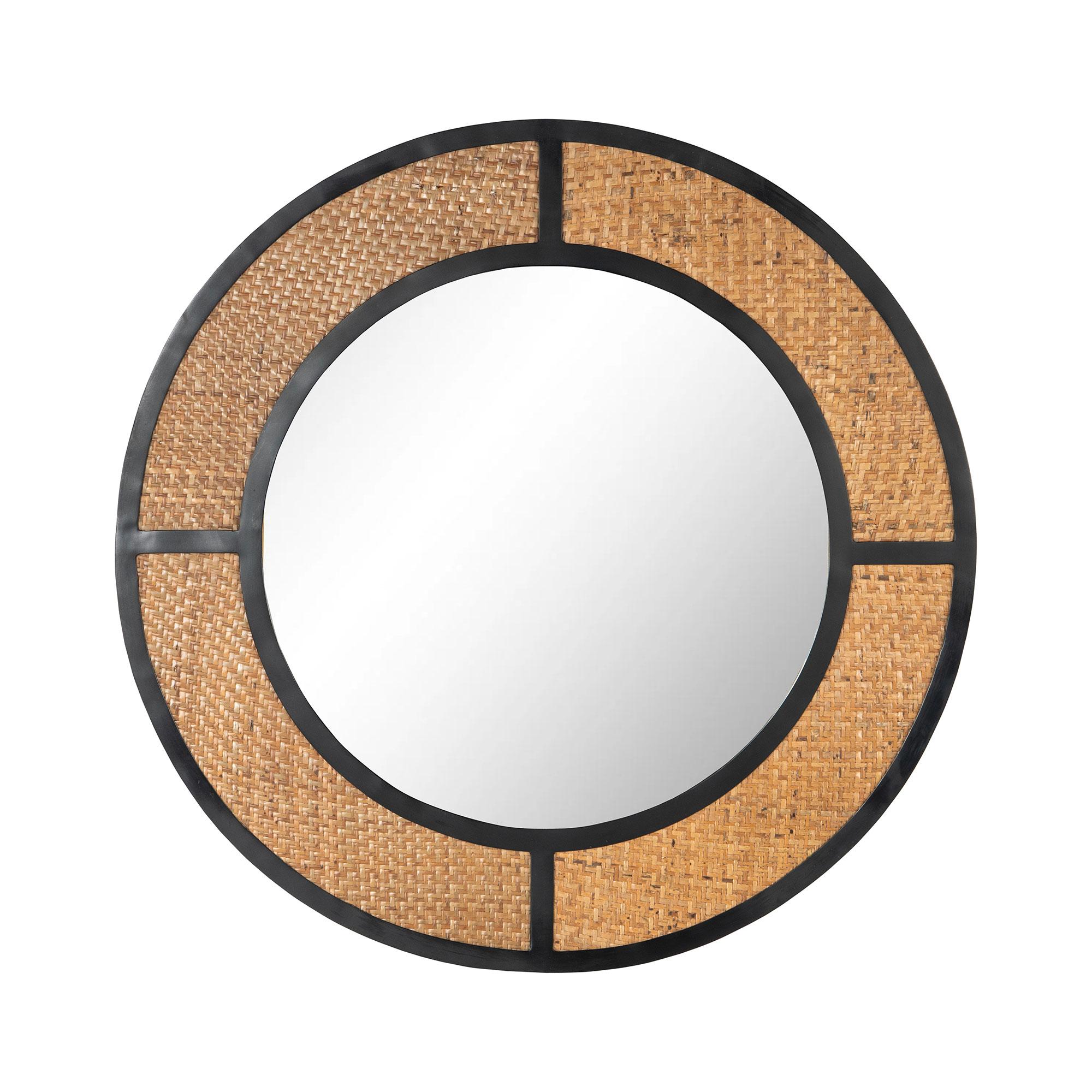35" Iron and Cane Round Mirror, Black