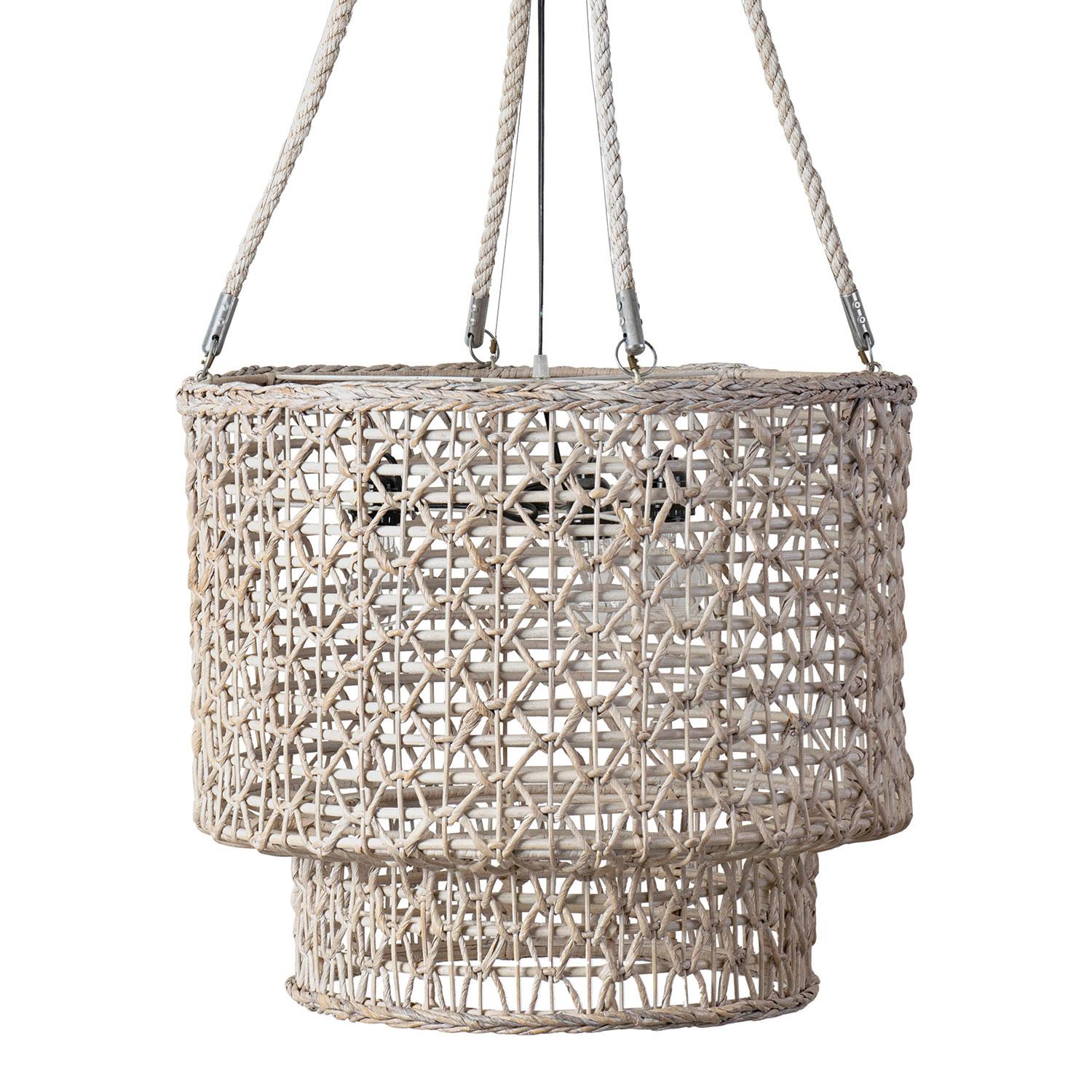 Chandeliers Rope Rectangular Double Barrel Hand Woven Natural Rope Chandelier, White Wash