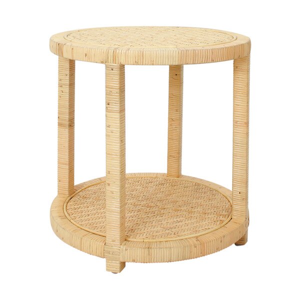 Ellison Round Rattan Side Table With Shelf, 19.75”W, Natural