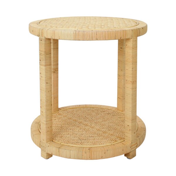 Ellison Round Rattan Side Table With Shelf, 19.75”W, Natural